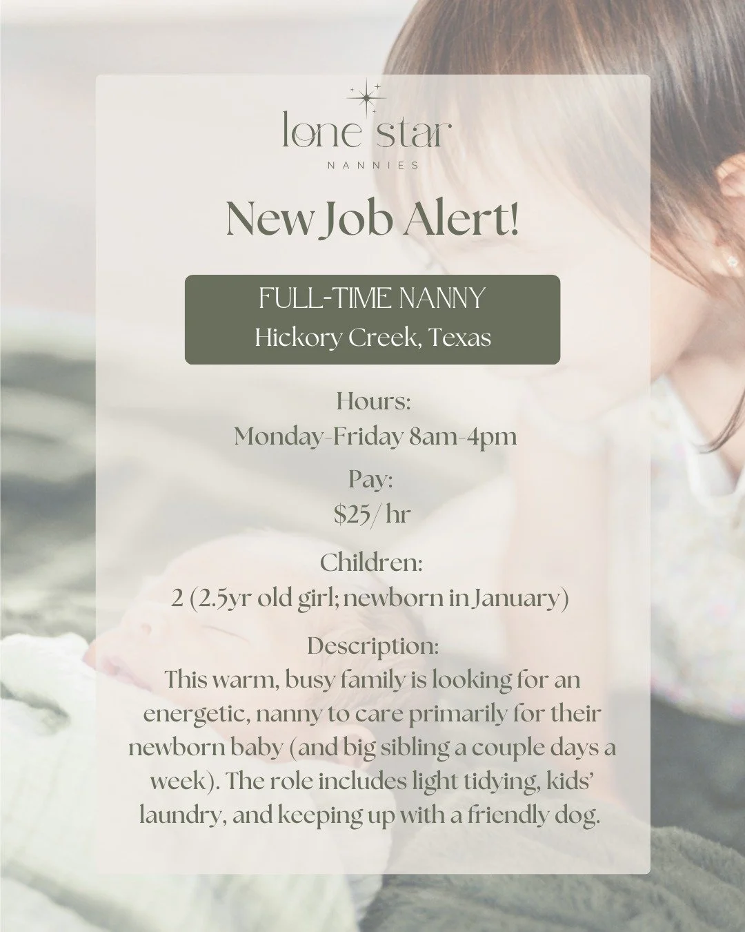 ✨Check Out Our Current Full Time Nanny Positions! ✨
If you love little giggles and making a real difference
 in a family&rsquo;s life... this. is. your. moment. 💛

👶 Competitive pay
🏡 Supportive families
💬 Ongoing agency support

Apply today and 