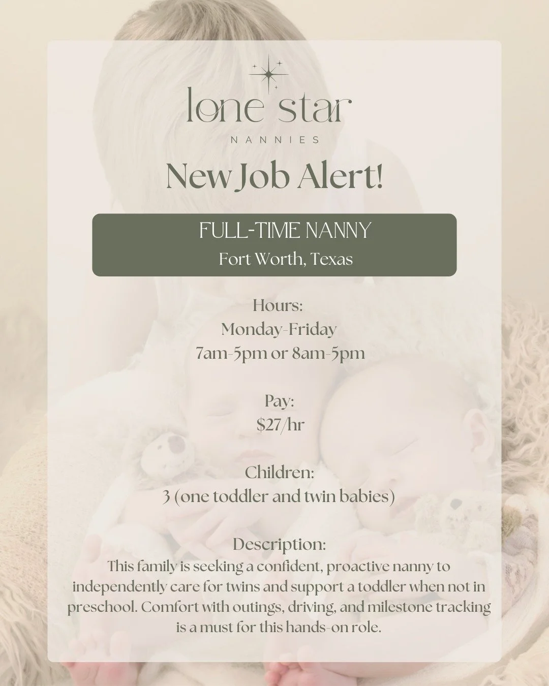 🚨FULL-TIME JOB ALERT🚨
Twins + a toddler = a role for a confident, proactive nanny who loves taking the lead 👶👶👦

If you thrive on managing routines, planning outings, and truly lightening the mental load for mom, this might be your perfect match