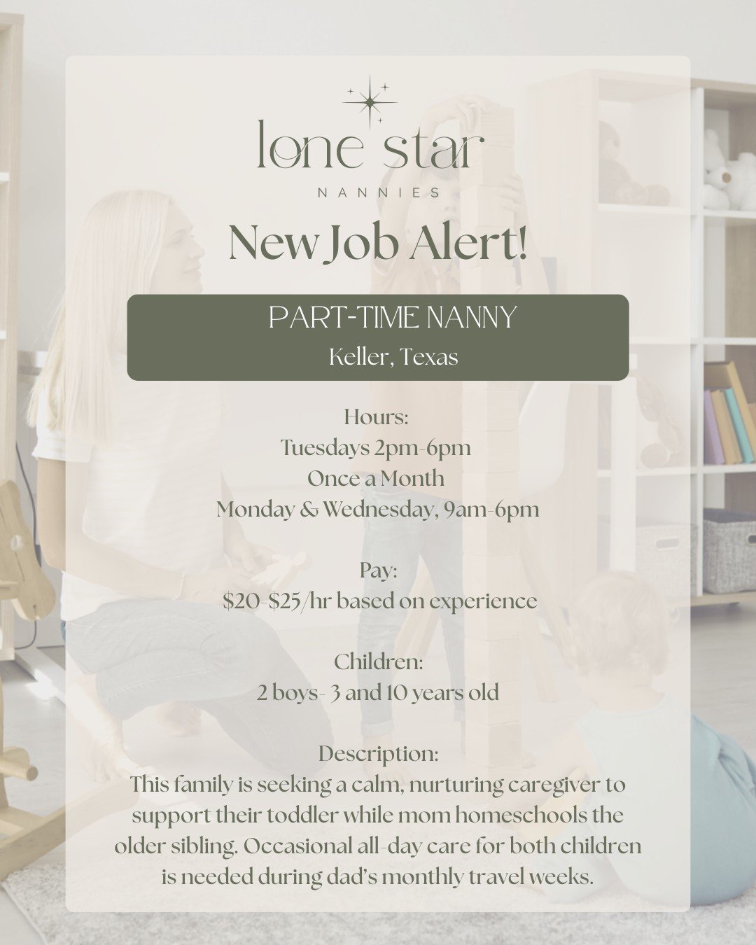 - NEW JOB ALERT - 
✨ Calling all calm, nurturing nannies with a Montessori heart ✨

This sweet family is looking for a steady, 
kind caregiver to support their toddler while mom homeschools big brother, plus a little extra teamwork on travel weeks. 
