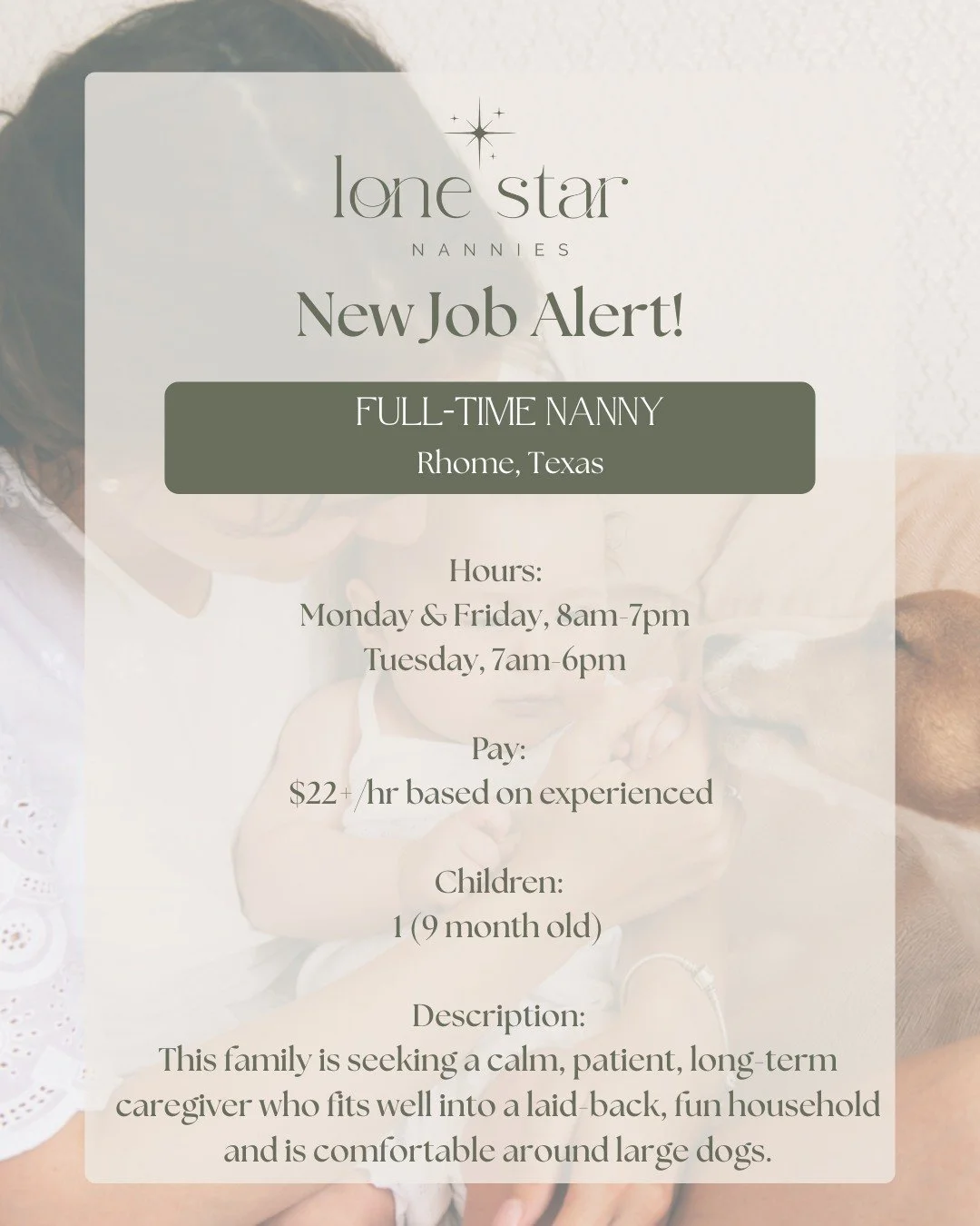 - NEW JOB ALERT-
Looking for full-time baby cuddles and neighborhood walks, in a laid-back home filled with wagging tails? 🐾🤍

This family is searching for a patient, 
long-term nanny who loves hands-on infant care, enjoys planning fun outings as b