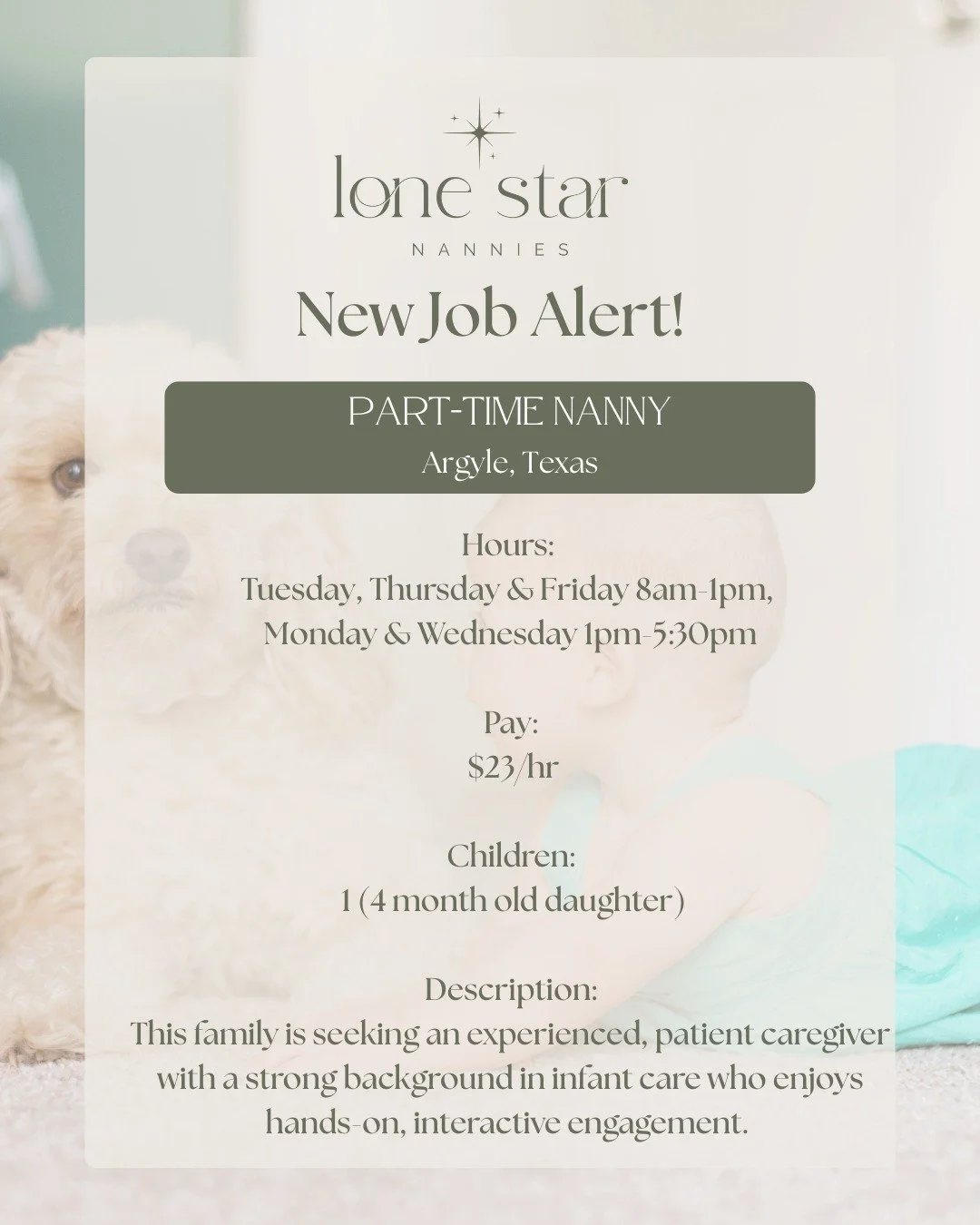 -New Job Alert-

This family is looking for an experienced, 
patient nanny who loves engaging with babies, supporting developmental milestones, and helping establish healthy routines.

If you&rsquo;re nurturing, dog-friendly, and comfortable working 
