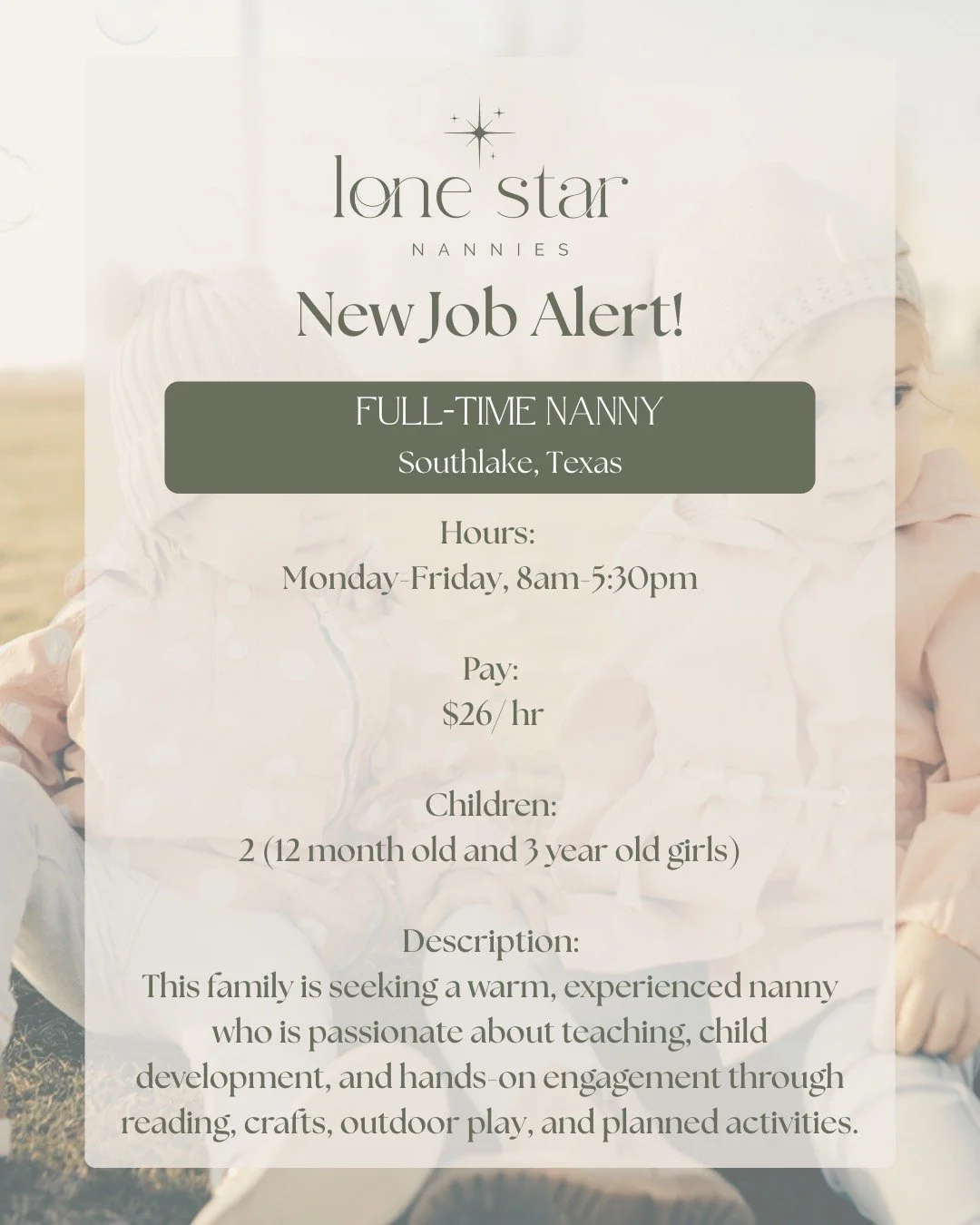 ✨New Full-Time Job ✨
📍Southlake, Texas

If you&rsquo;re hands-on, proactive, and genuinely love helping children grow, this could be a beautiful long-term fit.

This family is searching for a warm,
 experienced nanny who embraces a teach-through-pla