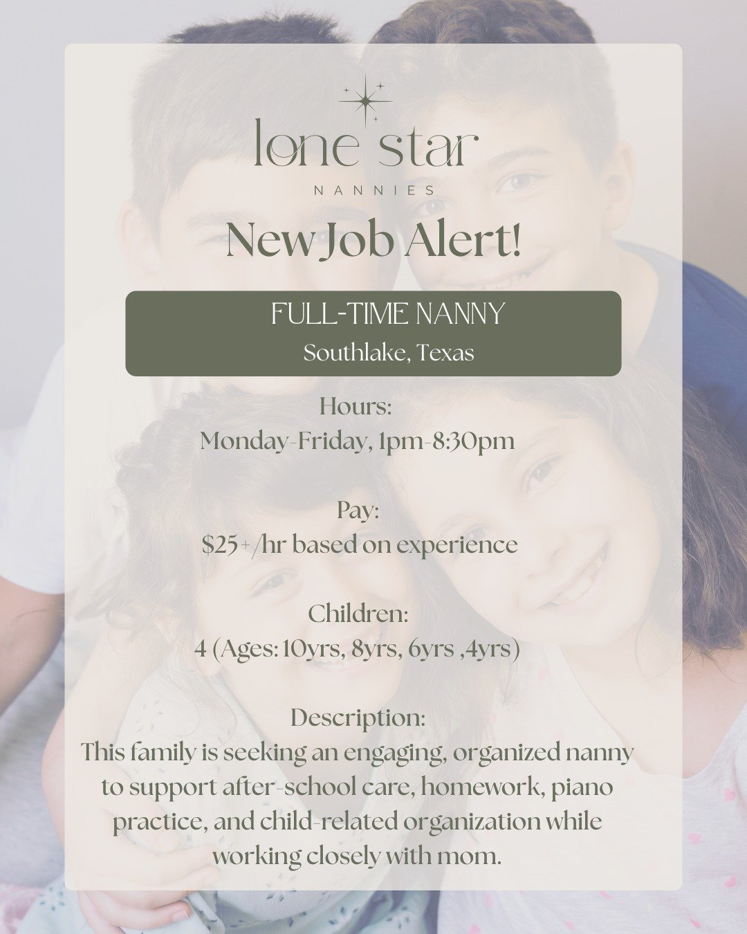 ✨Full-Time Nanny Job Alert ✨
📍Southlake, TX

🎹 After-school fun meets structure and teamwork 🙌

This family is looking for an engaging,
 organized nanny who loves homework help, piano practice, backyard play, and partnering closely with mom. 

If 
