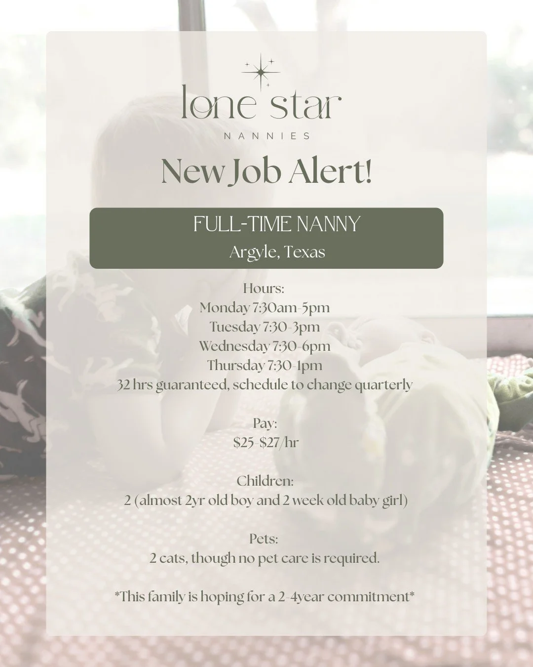 Active toddler days, sweet newborn moments, and a family looking for a nanny who truly becomes part of the rhythm 🤍

This role is perfect for a kind, patient, energetic caregiver who loves outdoor play, clear communication, and supporting two little