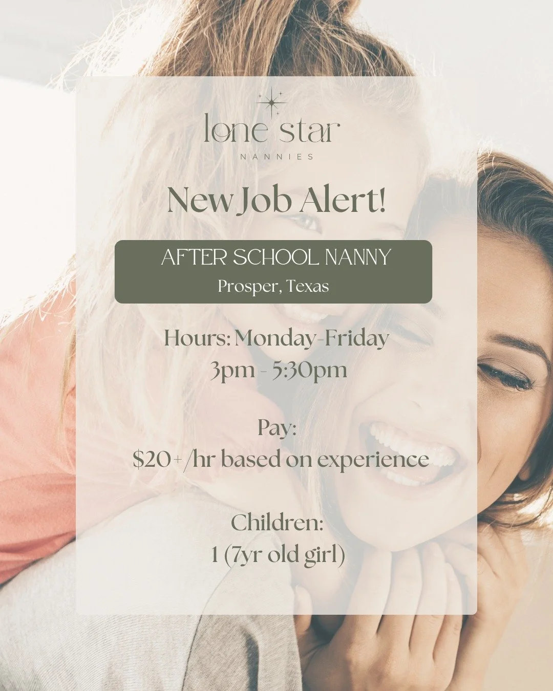 New Job Alert!

📝After School Nanny 📝

📍Prosper, TX

We&rsquo;re looking for a warm, dependable 
nanny who enjoys connecting 
with school-age children through 
conversation, play, and meaningful engagement. 

The ideal candidate is nurturing, orga