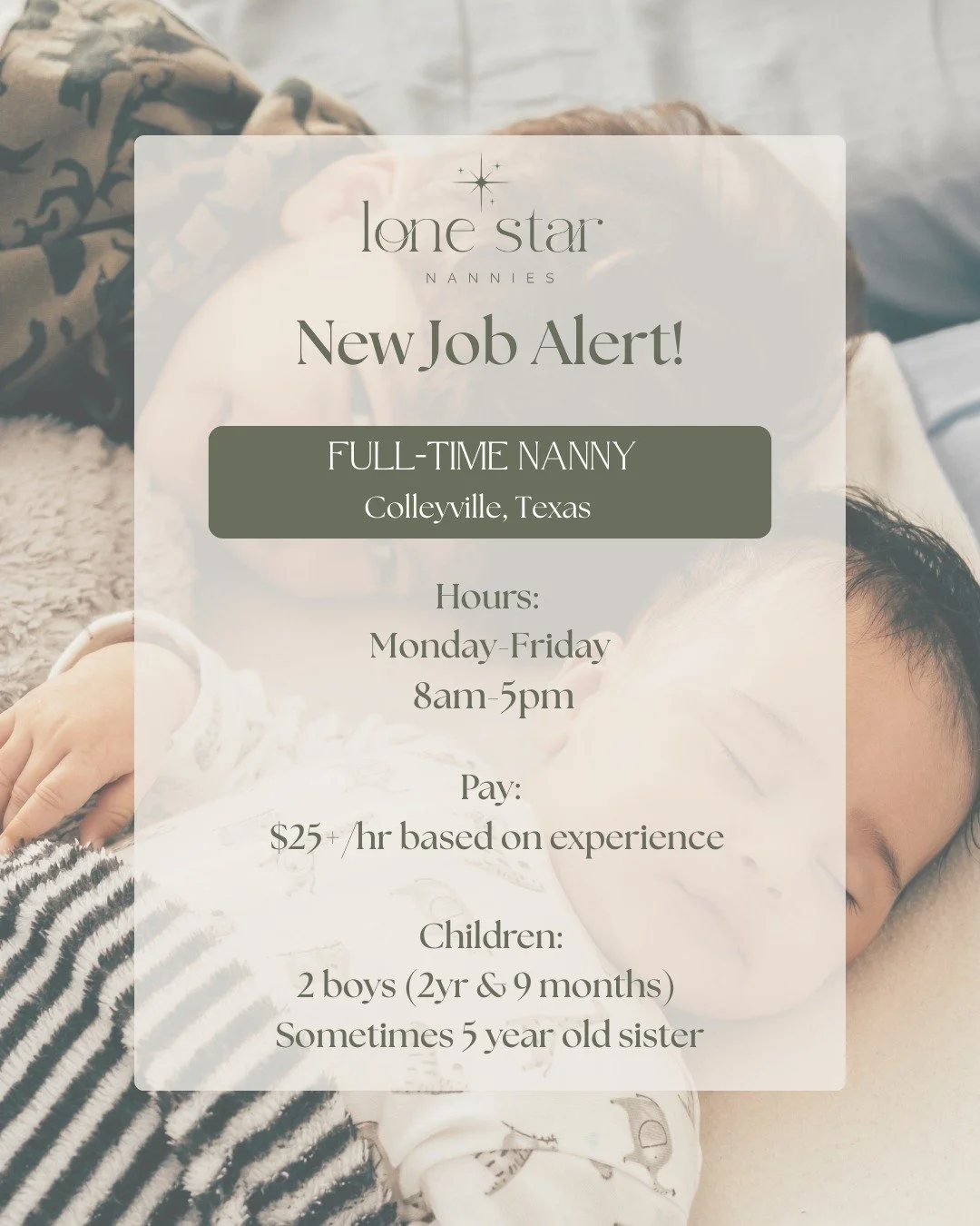 ✨ Now Hiring: Full-Time Nanny Position ✨

📍Colleyville, TX

A wonderful family is searching for 
a dependable, kind-hearted nanny who
 truly enjoys helping children learn and grow. 
This role is perfect for someone 
who enjoys engaging children 
in 