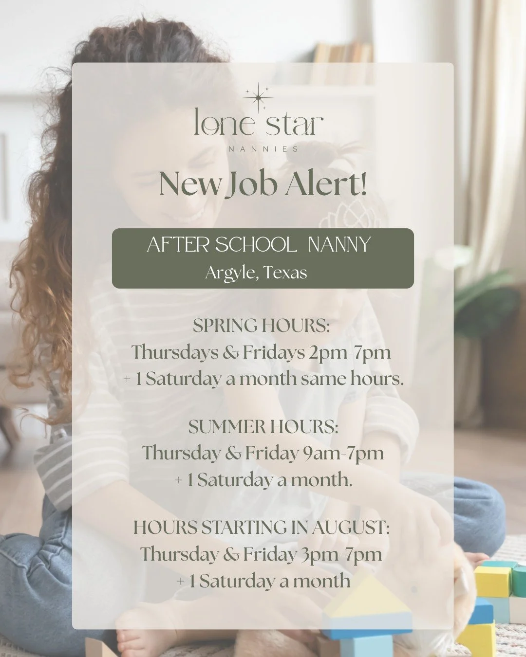 ✨ After-School Nanny Needed ✨
📍Argyle, Texas

Looking for a role where you get to be 
the best part of a child&rsquo;s day? 💛

This sweet family is searching for a kind, 
engaging nanny to pick up their daughter 
from school and step into those aft