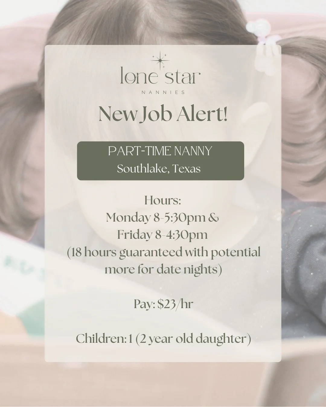 Nurturing Nanny Opportunity ✨

📍Argyle, TX

This sweet family is looking for a nanny
 who will feel like an extension of their home 💛

Think library trips, park days, playdates, 
and meaningful, educational play that supports
 their daughter&rsquo;