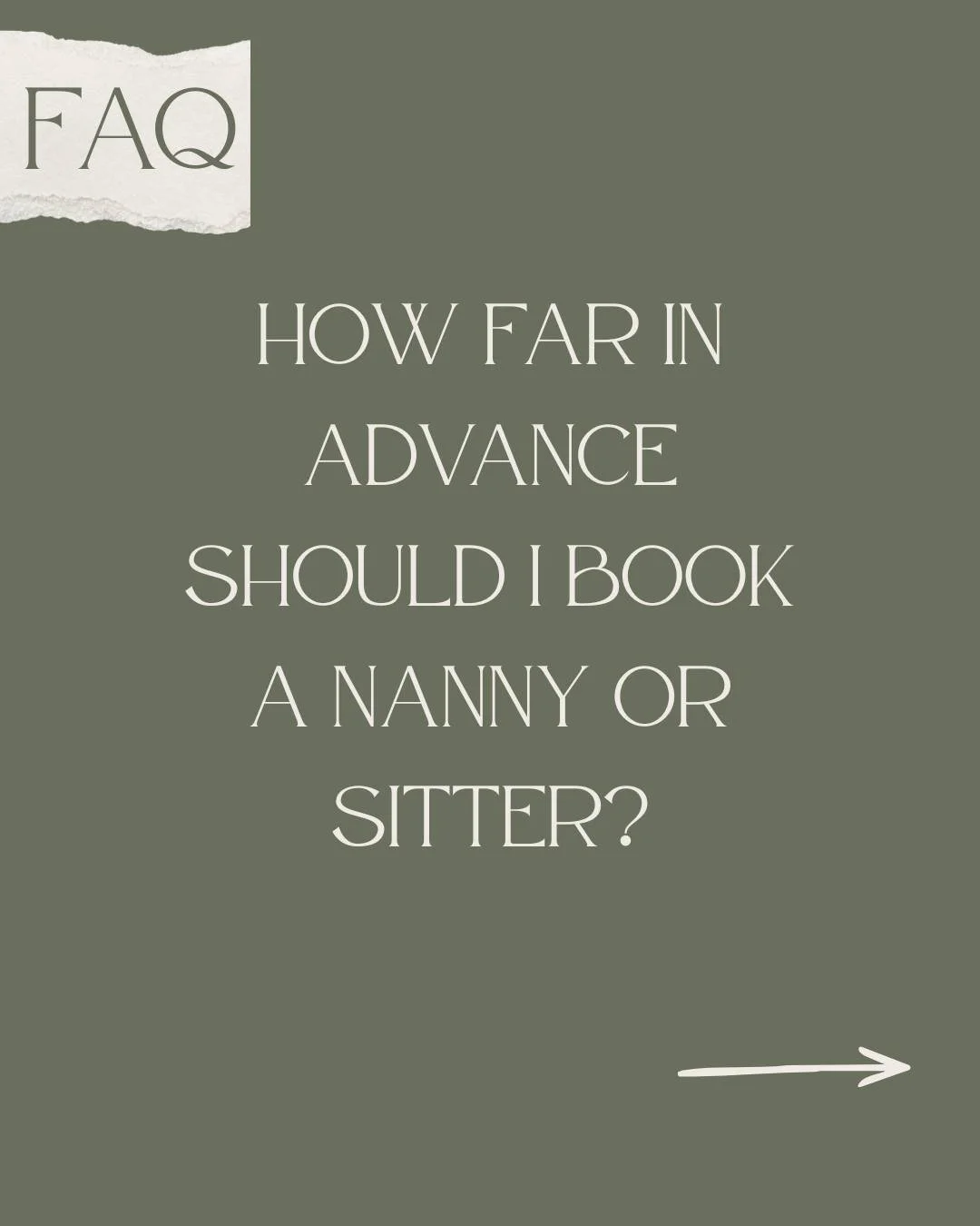 FAQ Friday:
 How far in advance should I book a nanny or sitter? 

Short answer:
the earlier, the better&hellip;
but we know life doesn&rsquo;t always work that way. 💛

Full-time and part-time placements: 
👉Plan 4&ndash;8 weeks ahead.

As needed ba