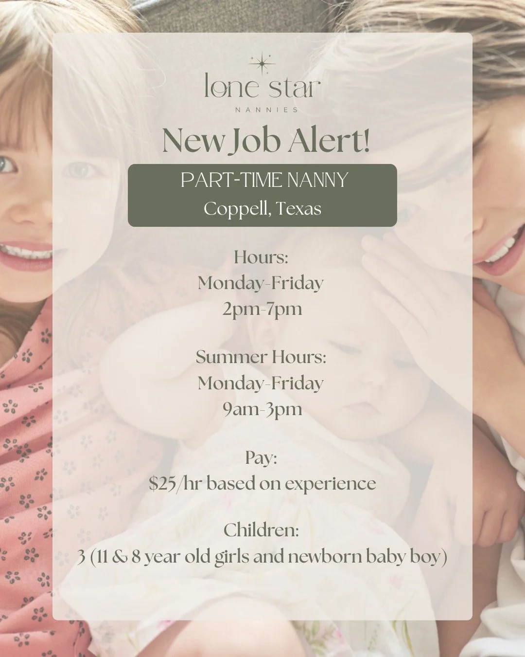 New Part-time Job Alert!
📍Coppell, Texas

✨ Fun, Energetic Nanny Needed
 for a Sweet Family of Three ✨

This family is looking for a nanny
 who can bring the fun and the structure.

Your days will include caring for a newborn 
while also connecting 