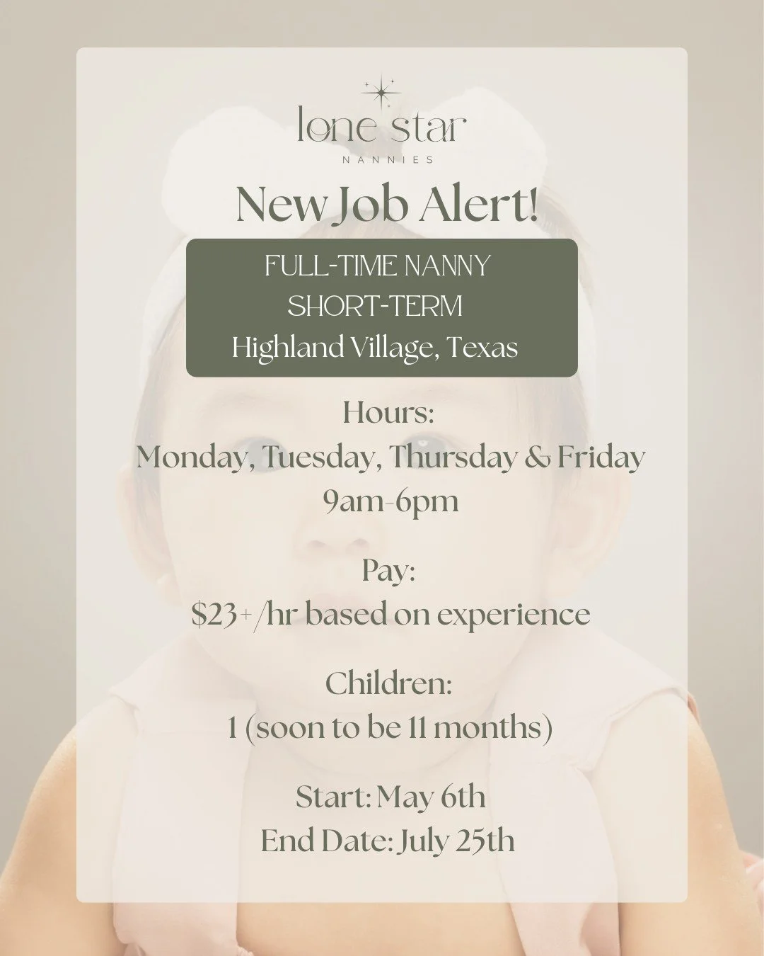 NEW Full-Time Job Alert!
📍Highland Village, TX

✨  Calm, Experienced Infant Needed ✨

This family is looking for a patient steady 
nanny who truly enjoys the rhythm of 
caring for a 10-month-old 💛

Your days will be filled with floor play, 
explori