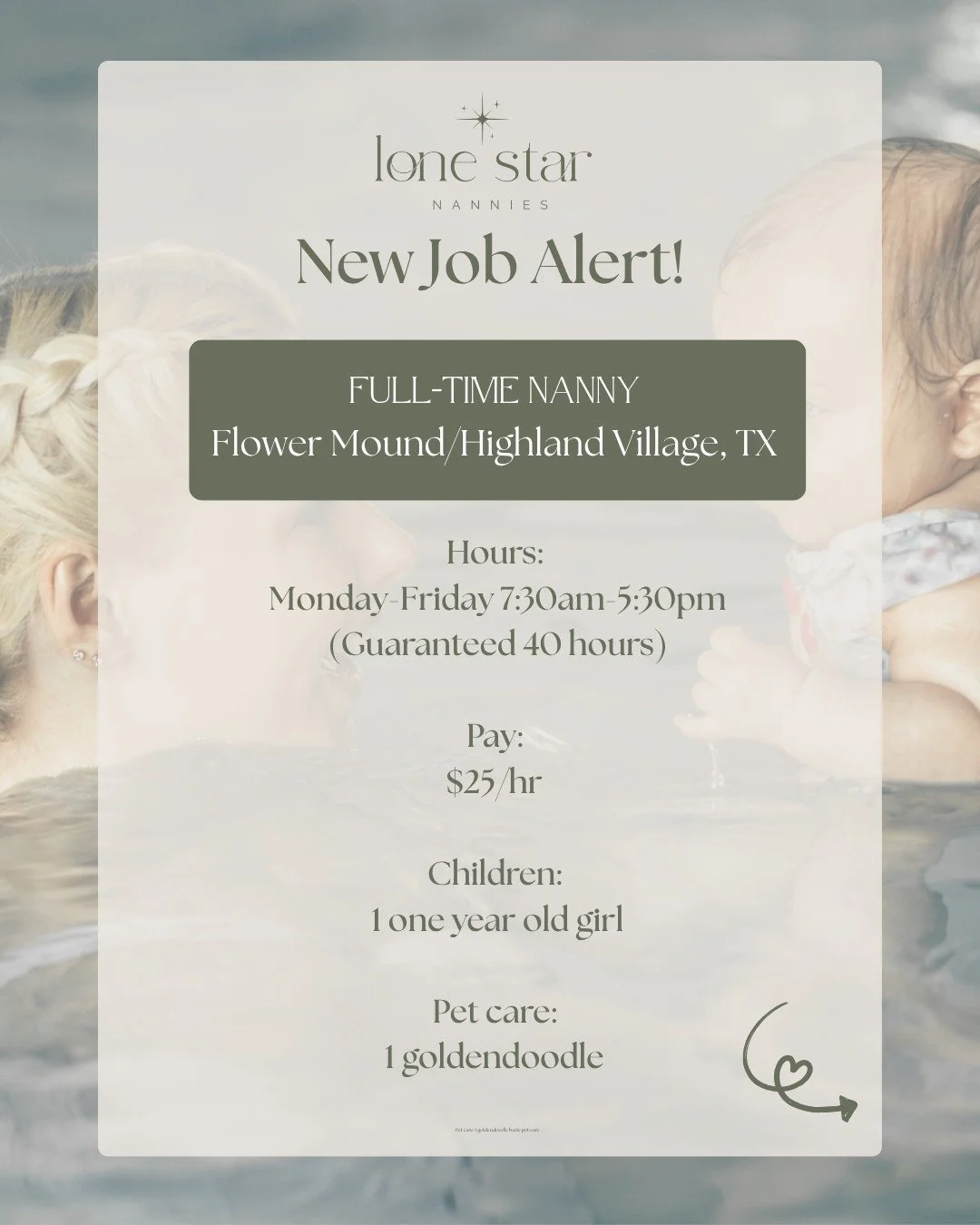 🚨New Job Alert!🚨

📍Flower Mound/ Highland Village, TX 

✨ Toddler Nanny Opportunity ✨

This is the kind of role where your days 
are filled with curiosity, conversation, 
and watching a little one learn something 
new every single day 💛

This swe