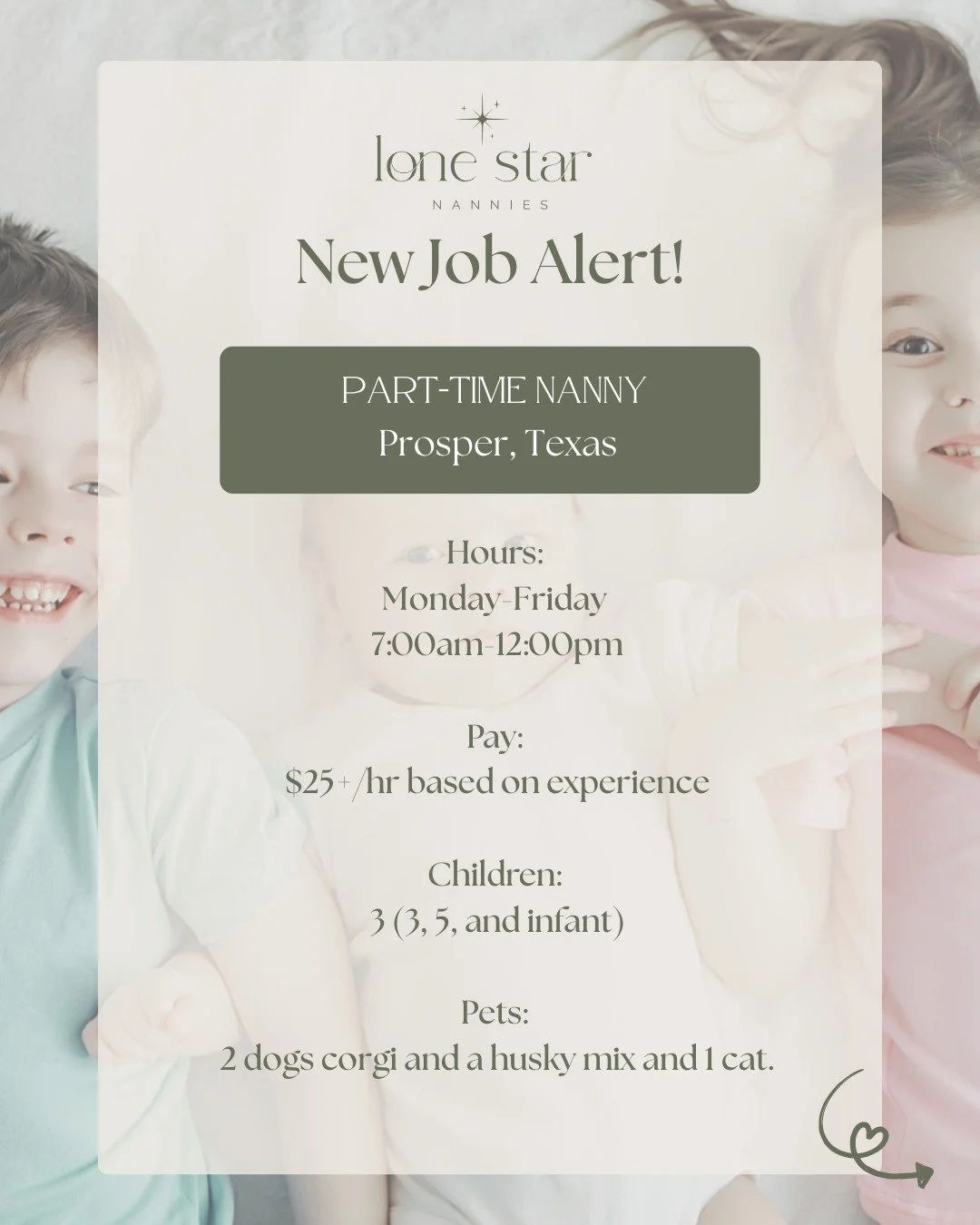 New Job Alert!
📍Prosper, TX

Nannies,
 this is the kind of role you&rsquo;ve been waiting for!

✔️A sweet family
✔️a baby to love on
✔️a day filled with play
✔️creativity
✔️purpose

If you&rsquo;re engaging, dependable, 
and love being part of a fam
