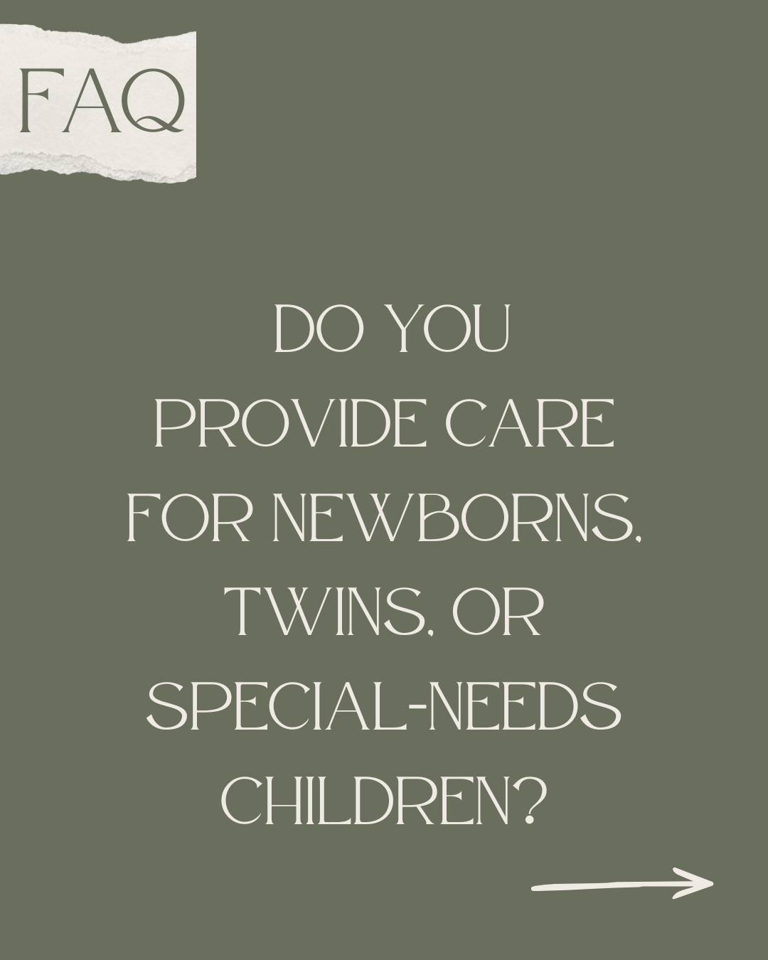 FAQ Friday

Do you provide care for 
newborns, twins or 
special-needs children?

Not all childcare
 experience is created equal. 🤍

Whether you&rsquo;re navigating 
newborn life, caring for twins, 
or supporting a child with unique 
developmental n