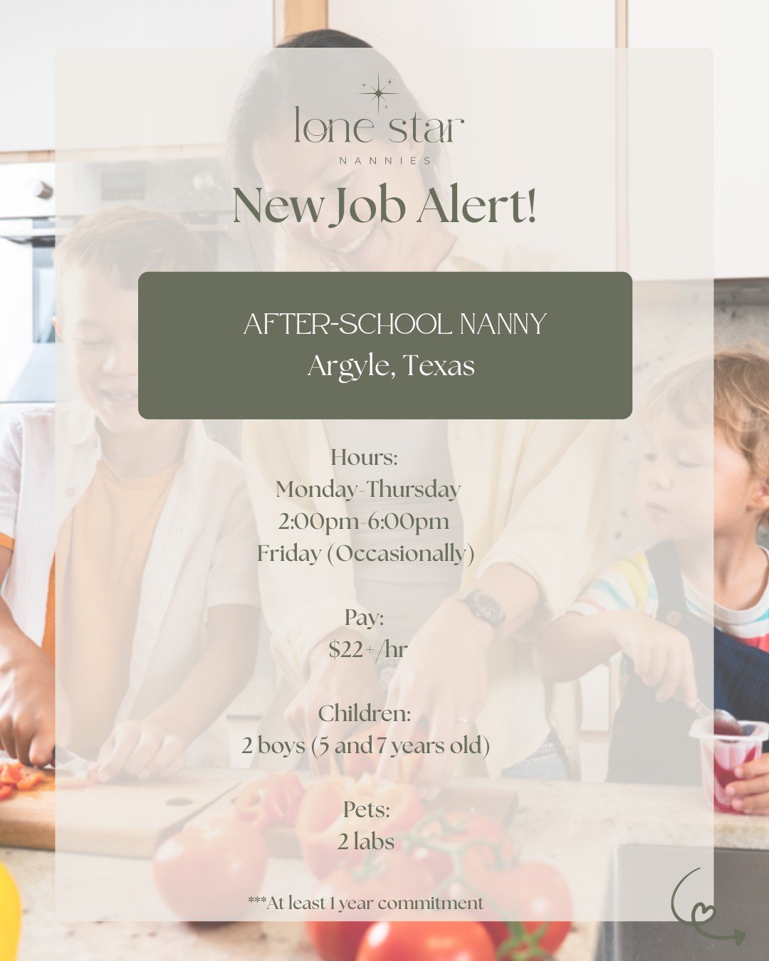 New Part-Time Job Alert! ✨
📍 Argyle, Texas

Now hiring a nanny who brings warmth, 
structure, and energy into the home 💛

This family is seeking someone active, 
caring, and organized to confidently 
care for their boys while creating fun, 
engagin