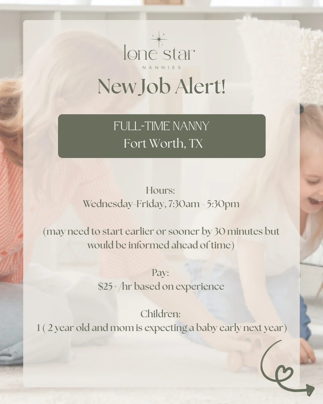 New Full-Time Job Alert! ✨
📍 Fort Worth, Texas

✨ Calling all Montessori-minded nannies! ✨

A wonderful family is searching for a career
nanny who is more than a caregiver&mdash;they're
looking for a trusted partner in raising their
bright and curio