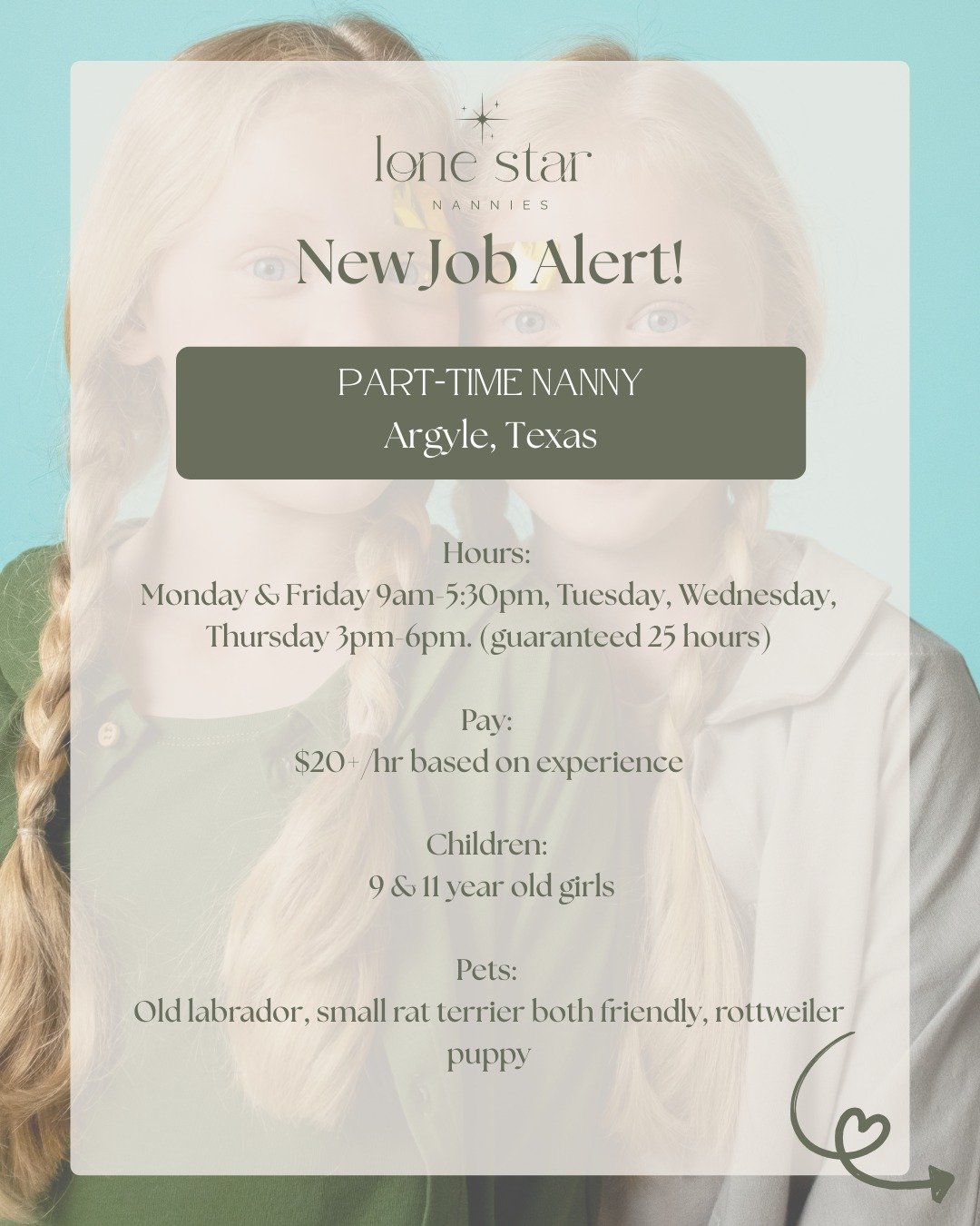 ✨ NEW JOB ALERT! ✨

Looking for your next dream nanny role in Texas? 
We have FOUR incredible new positions open right now with amazing families!

Swipe through to see which one matches your 
schedule and vibe, then drop us a message to apply!

📍 AR