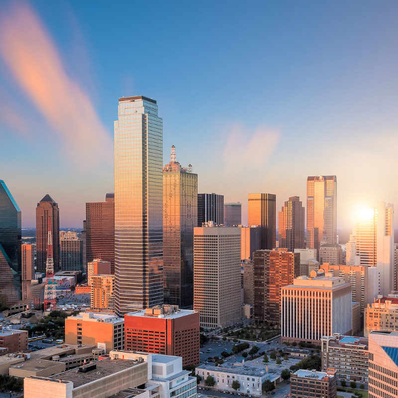 Dallas skyline at sunset with modern city buildings and urban landscape