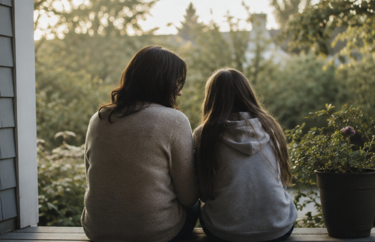 Parent and teenage daughter sitting quietly together on a porch at sunset after a community tragedy, reflecting emotional support, teen mental health awareness, and connection during grief.