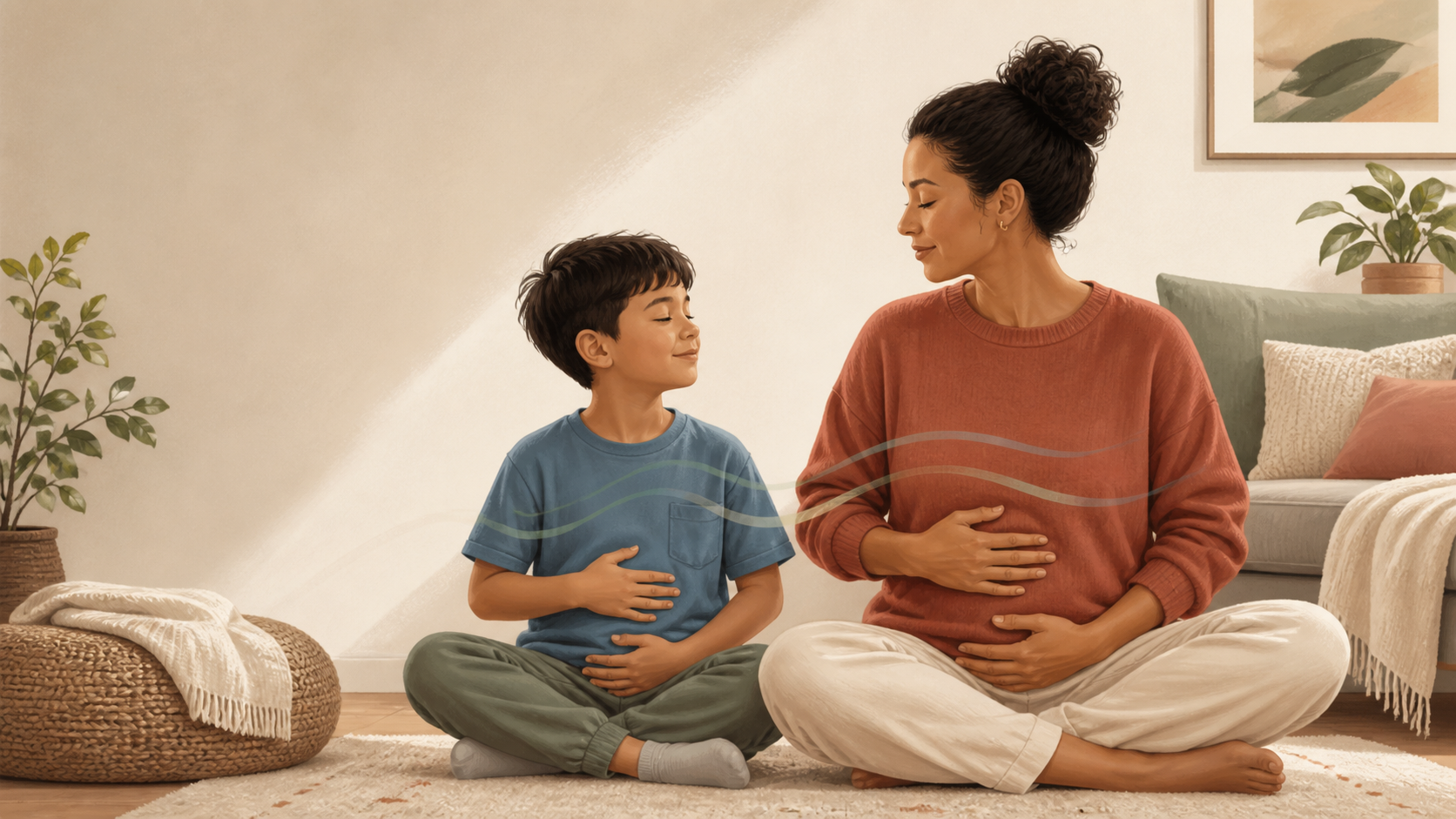 Mother and child practicing a playful breathing exercise together to support co-regulation, calm the nervous system, and manage stress and big emotions.