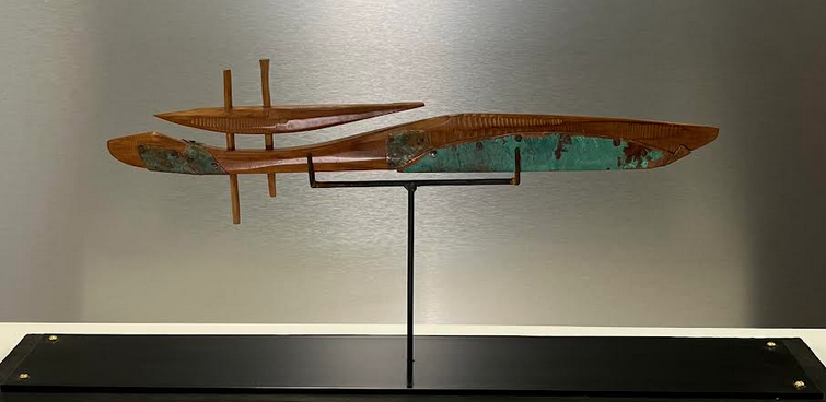 Outrigger 2, 14" x 24" x 4'.  Padauk, Patinated Copper, Patinated Steel base, $425