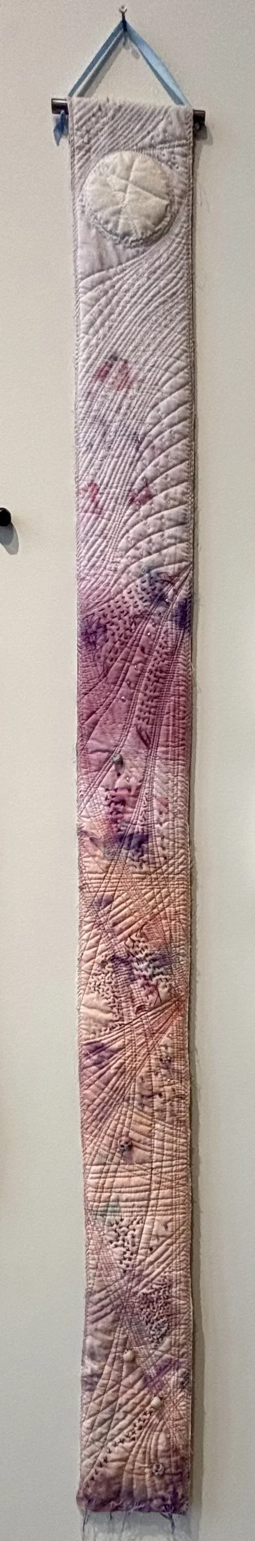 Hocking Hills Spring Moon by Kris Worthington, textile collage 66 x 5.5 inches
