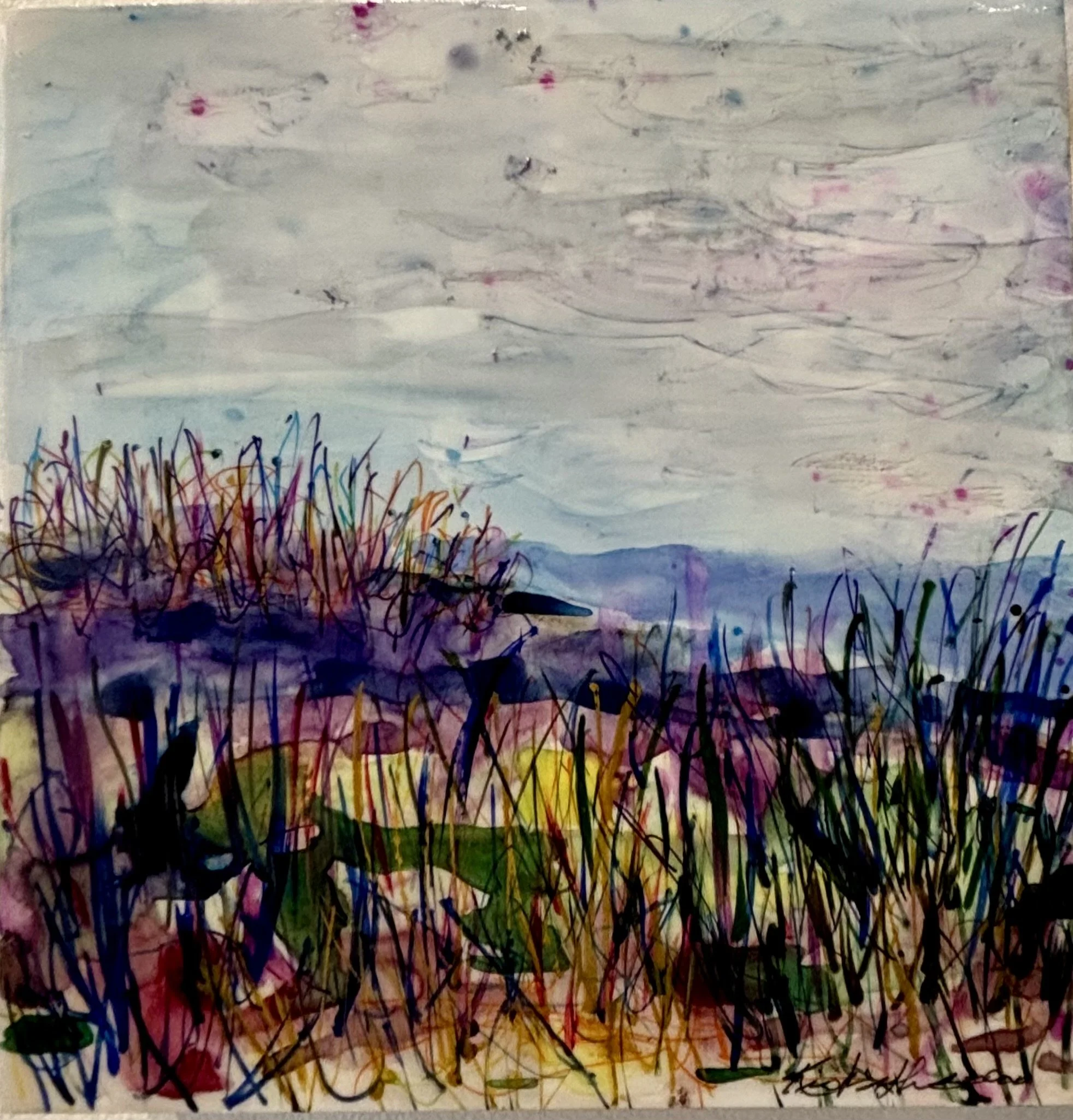 Oval Beach #16 by Kris Worthington, mixed media watercolor 6 x 6 inches