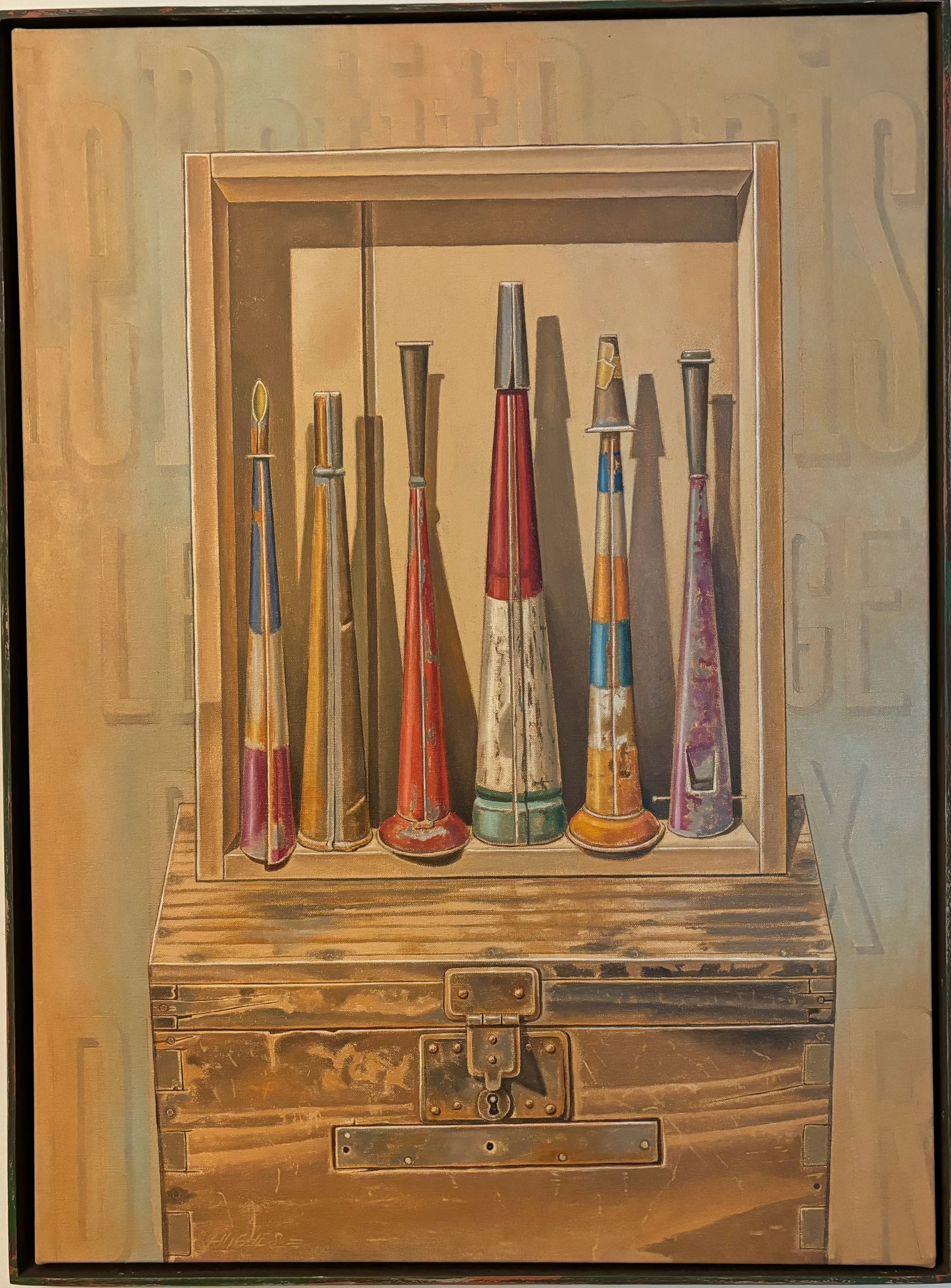 Manual Hughes, Fog Horns, oil on panel, with frame 30 3/4 x 23 inches