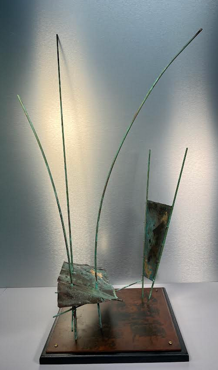Standing Her Ground, 36" x 18" x 18". Patinated Copper, Gold Leaf, Tar, Patinated steel base, $2,400