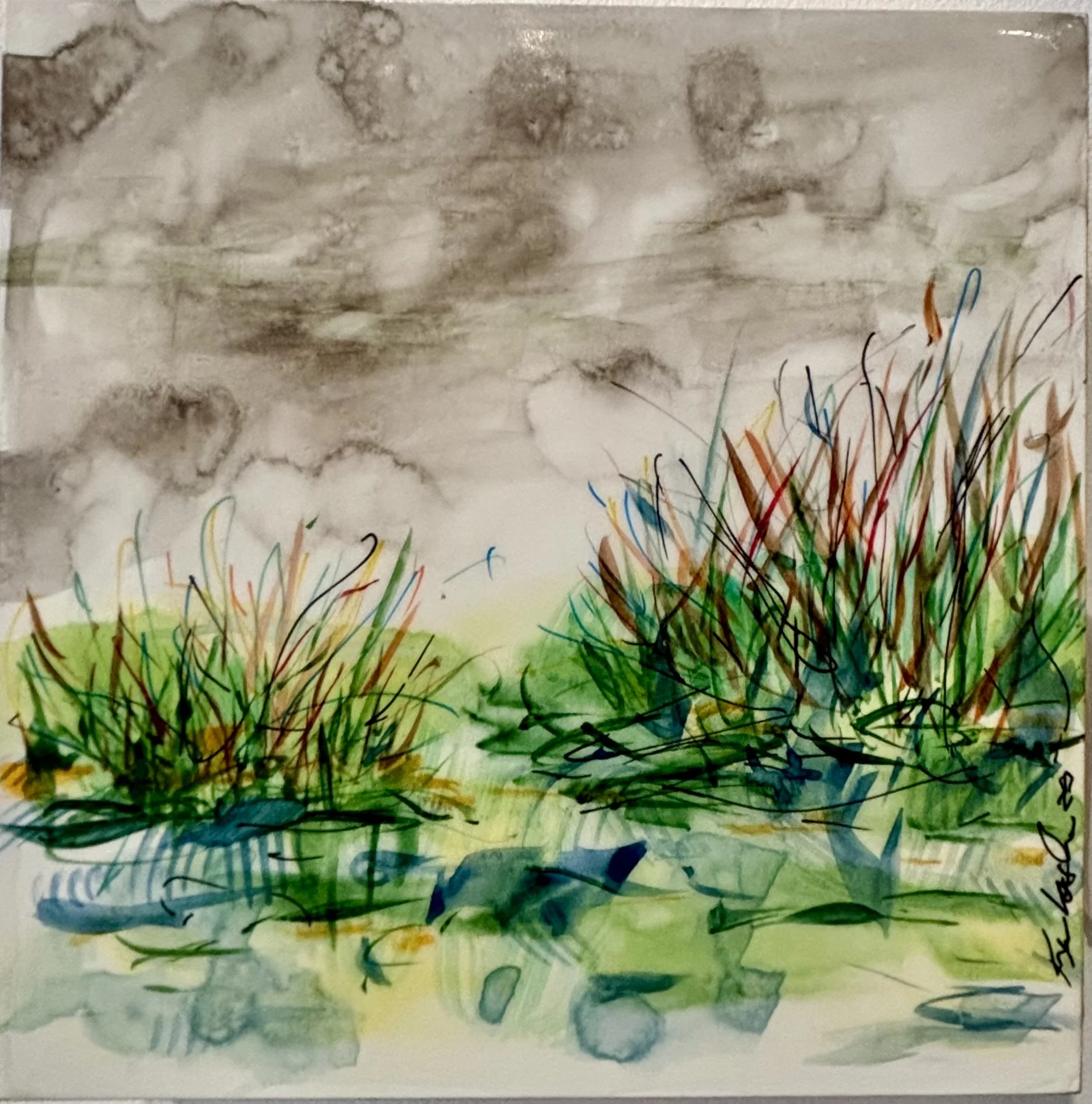Oval Beach #14 by Kris Worthington, mixed media watercolor 6 x 6 inches