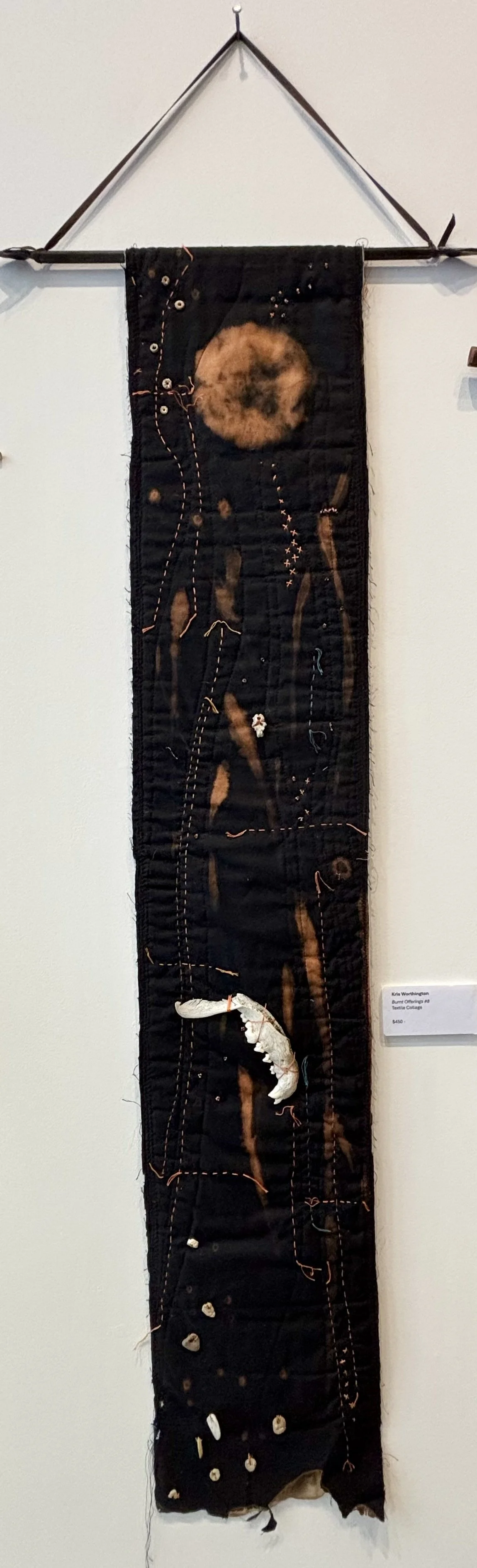 Burnt Offerings #8 by Kris Worthington, textile collage 50 x 9.5 inches