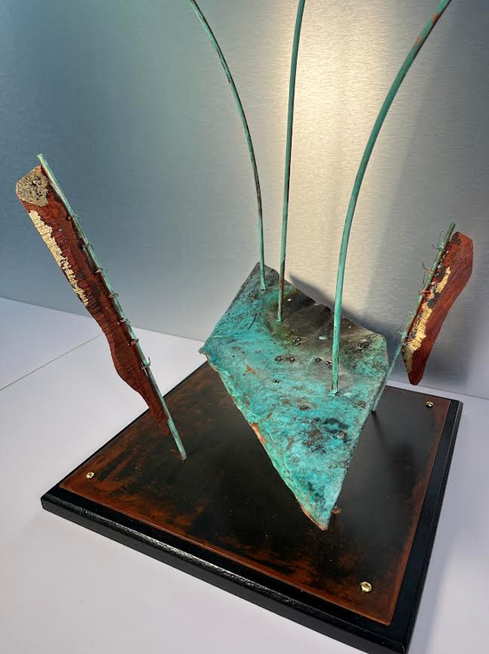 I miss the words I never said, 36"x12"x12"
patinated copper, purpleheart, gold leaf, patinated steel base, $2,400