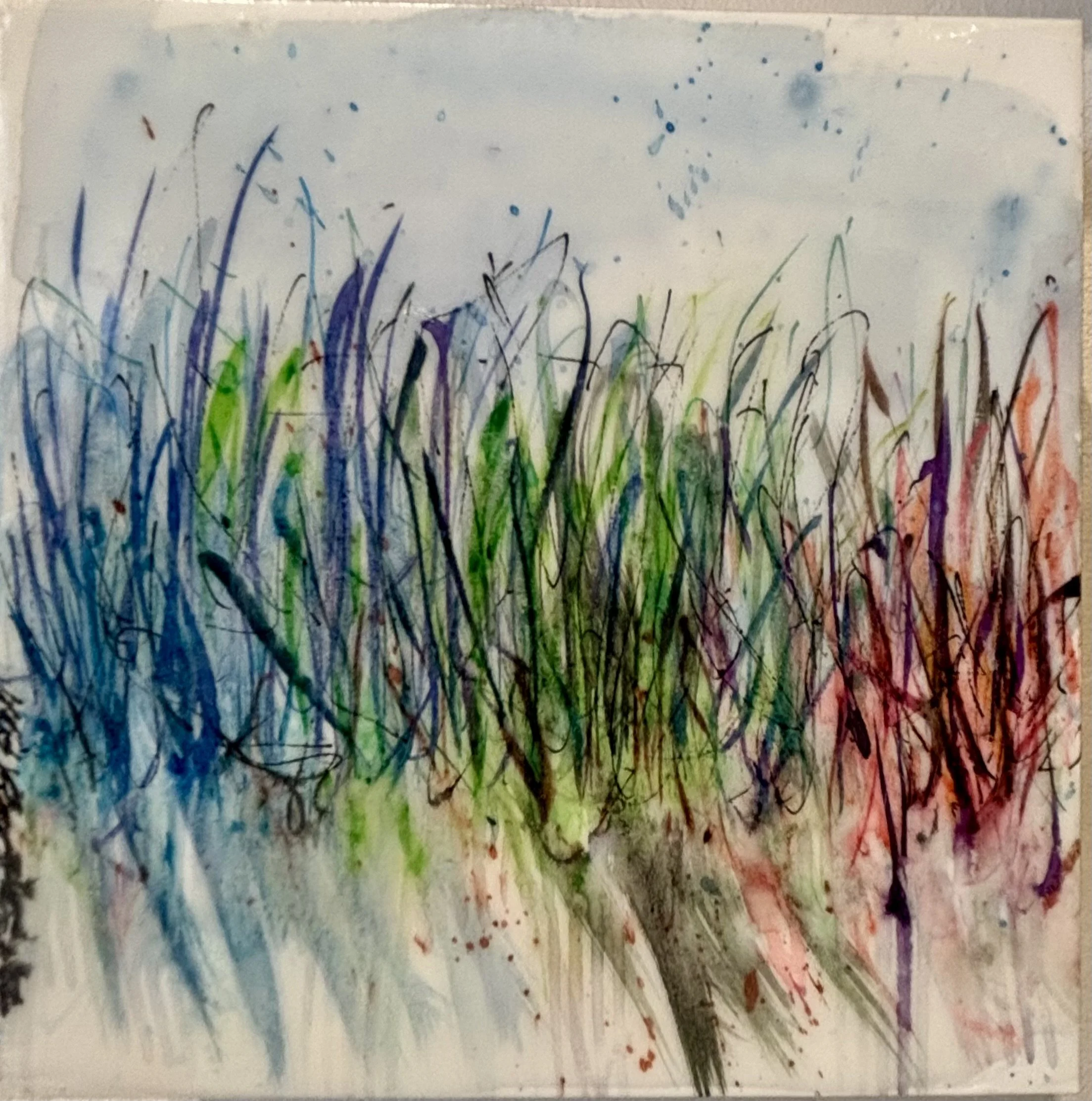 Oval Beach #15 by Kris Worthington, mixed media watercolor 5 x 5 inches