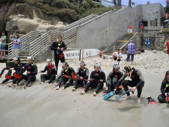 Photo of a group getting ready to get into the water at La Jolla cove during a snorkel tour in San Diego