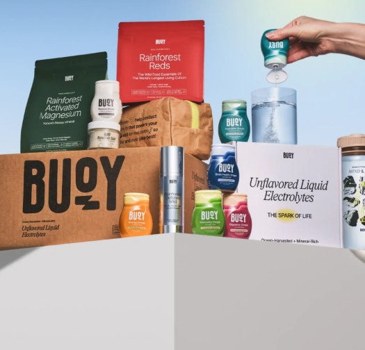 Buoy Best of Buoy Bundle™ box showing electrolyte drops, rainforest wild foods, rescue salt, and free gift items.