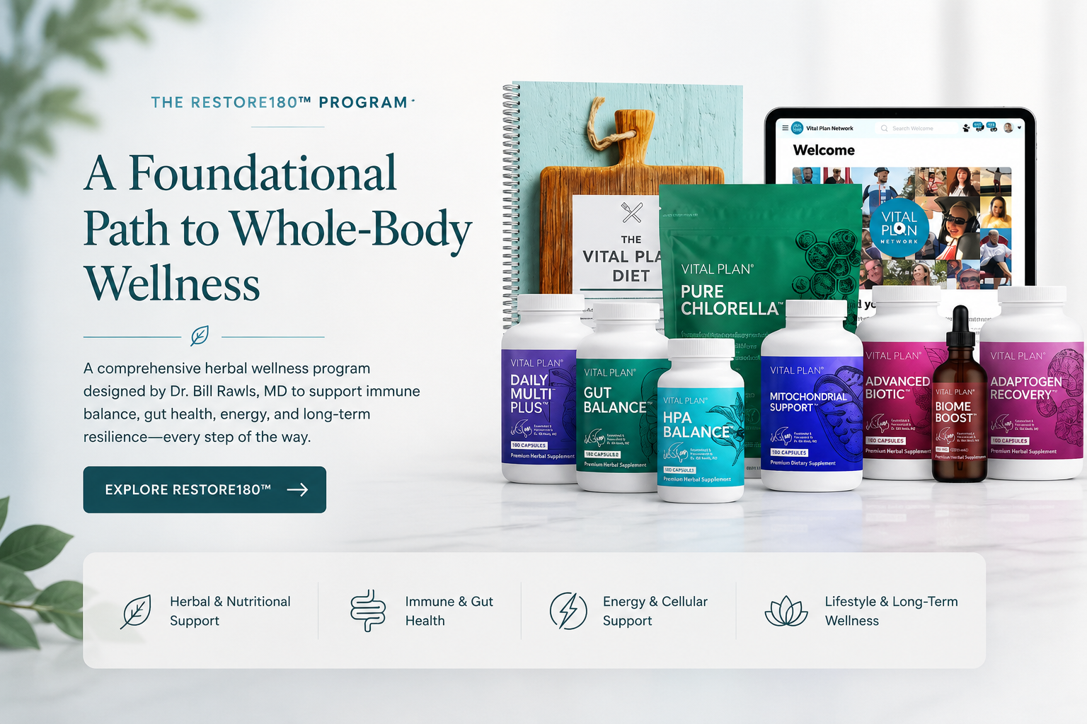 Restore180 wellness program by Vital Plan featuring herbal supplements, gut health support, immune support, energy support, and long-term wellness resources.