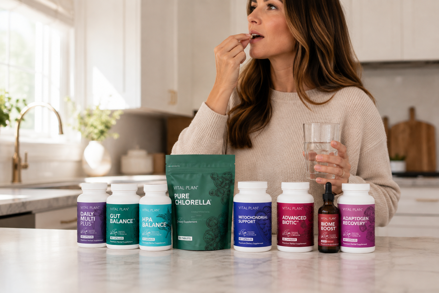Woman taking the Vital Plan Restore 180 supplements