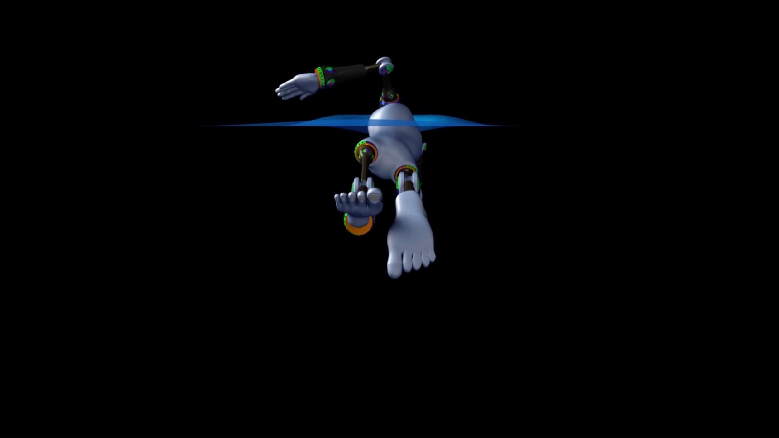 Backwards angle: Camera faces the avatar swimming away from the camera so that you can see it from behind