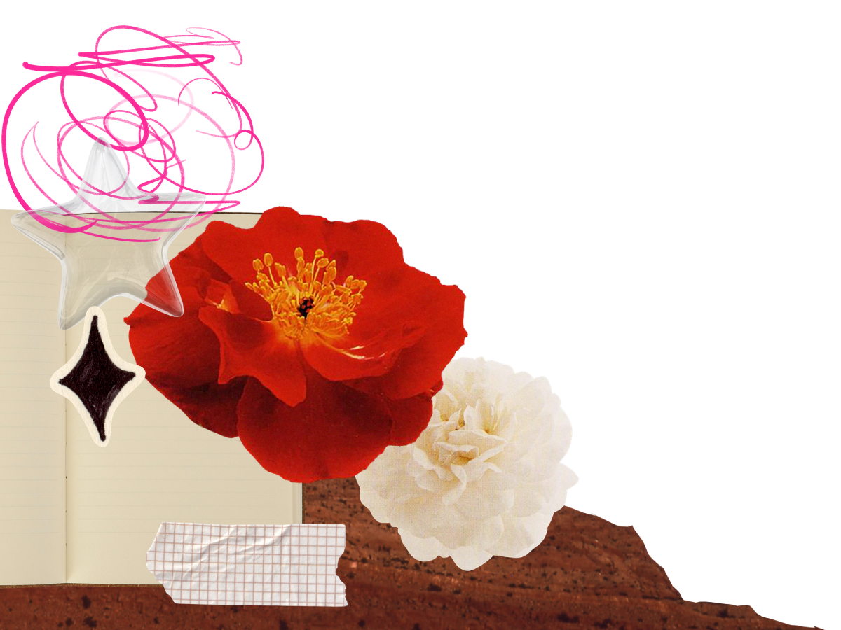 Collage of paper elements, flowers, stars, and a mountain range