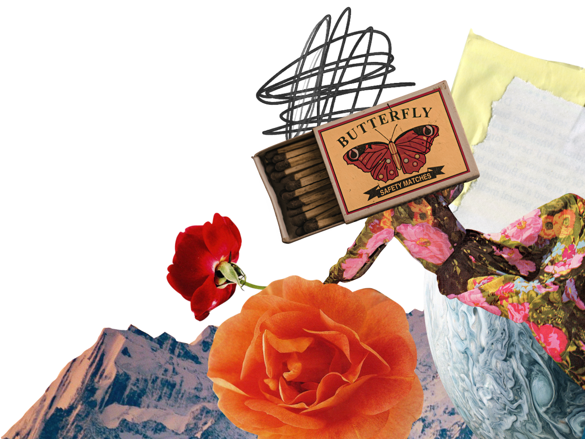 Collage of paper elements, flowers, a mountain range, and a matchbox