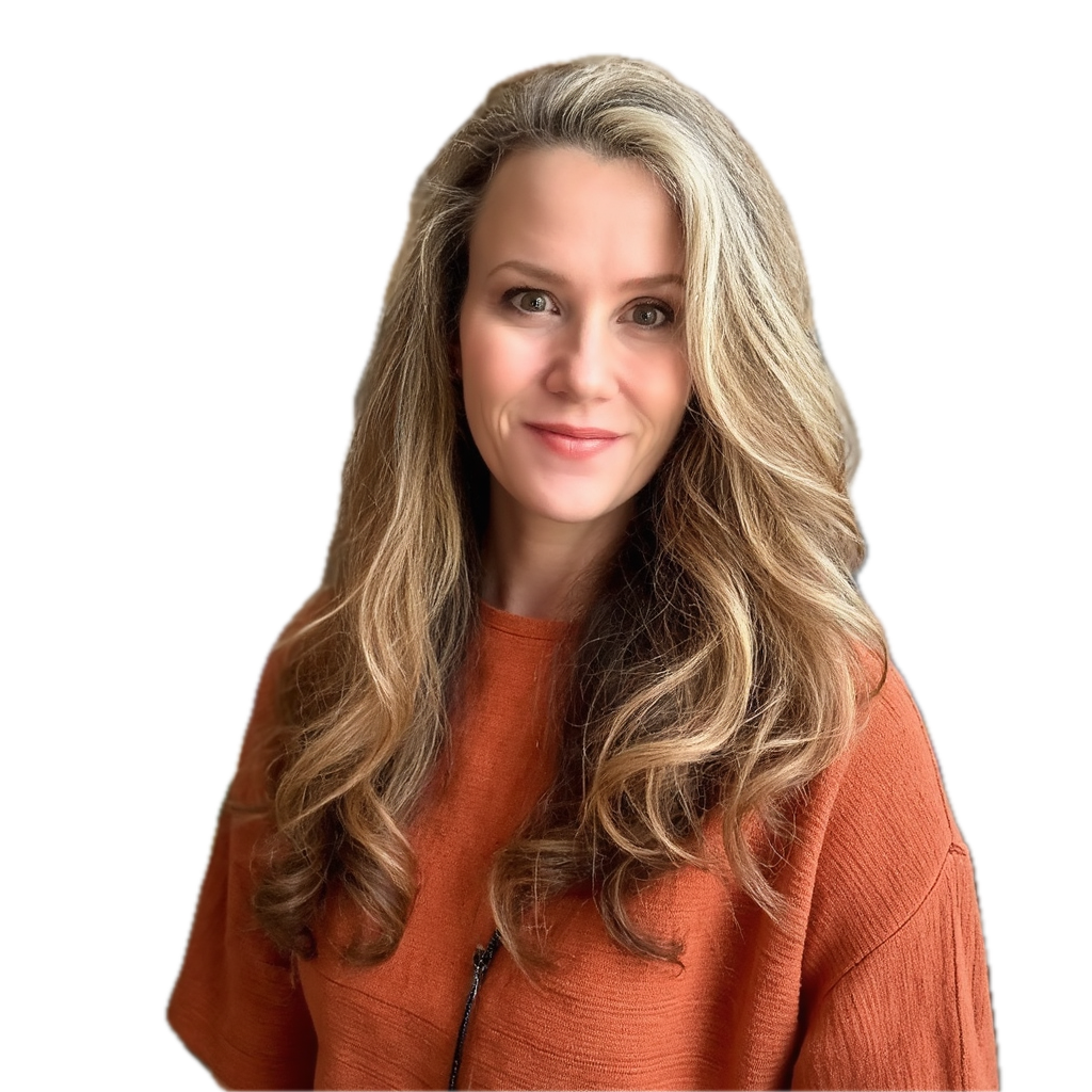 Jennifer looks into the camera in an orange top