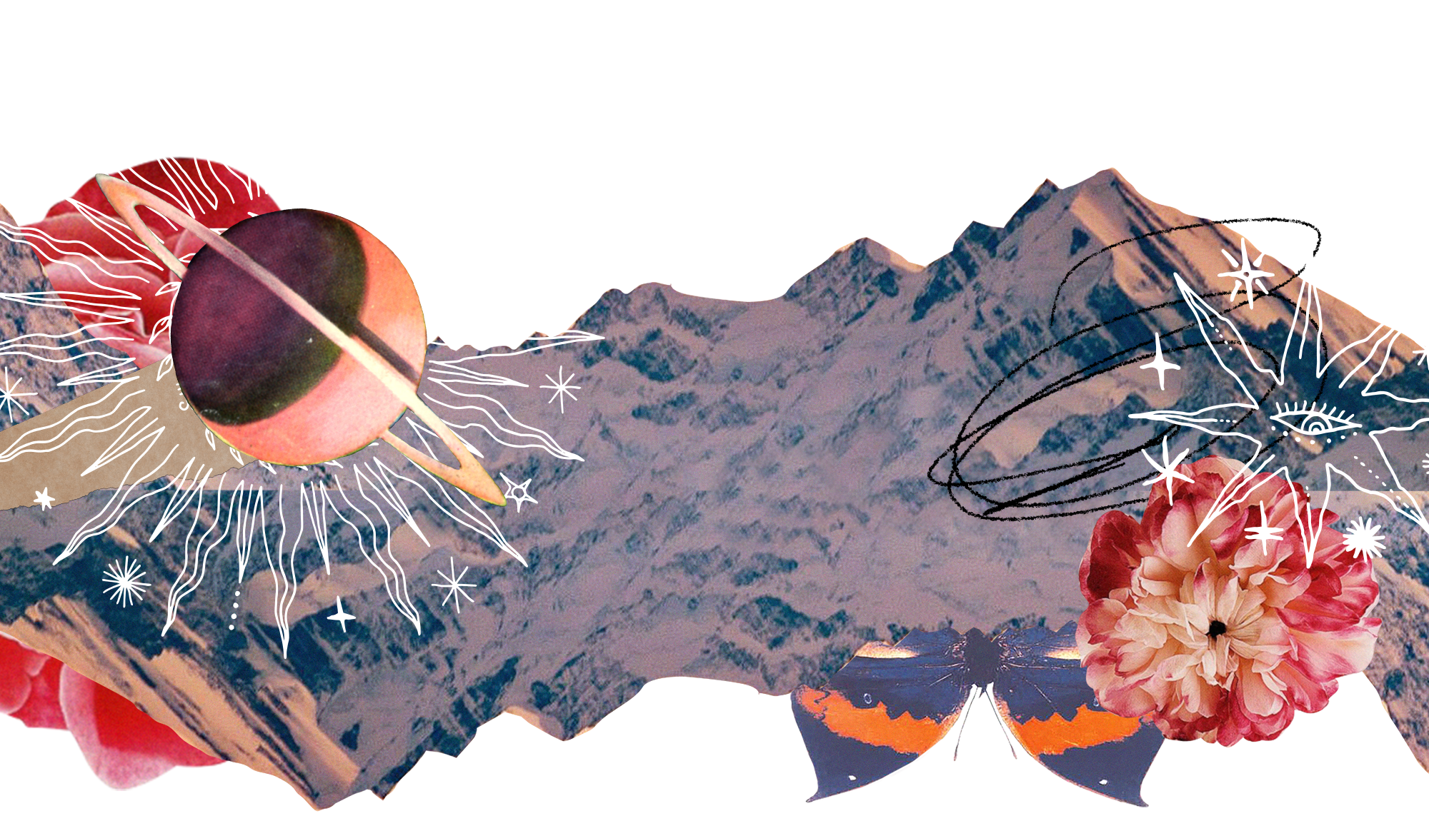 Collage with a mountain range, flowers, planets, and white hand drawn stars
