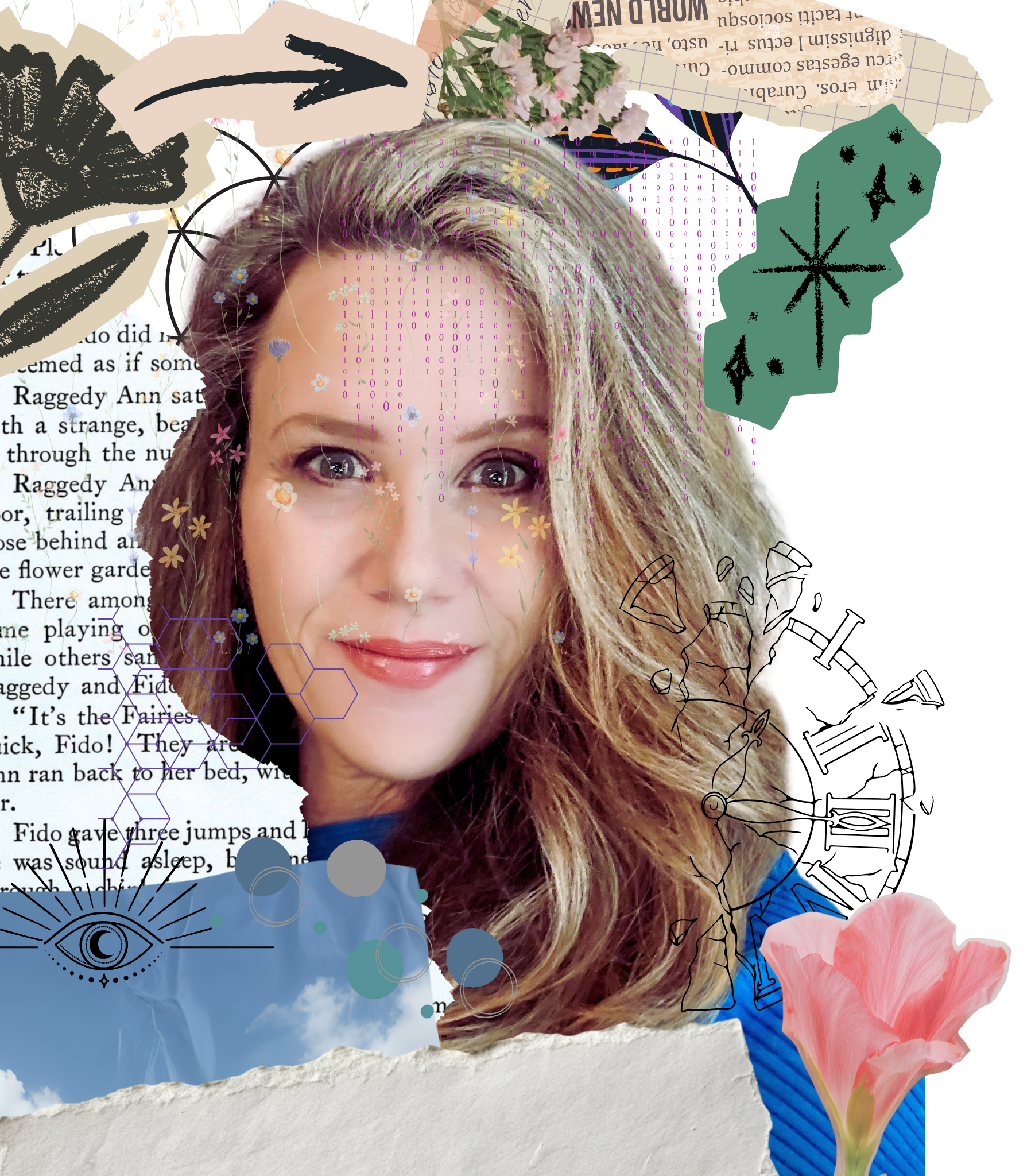 Collage of Jennifer Kaye with flowers, paper elements, and drawings