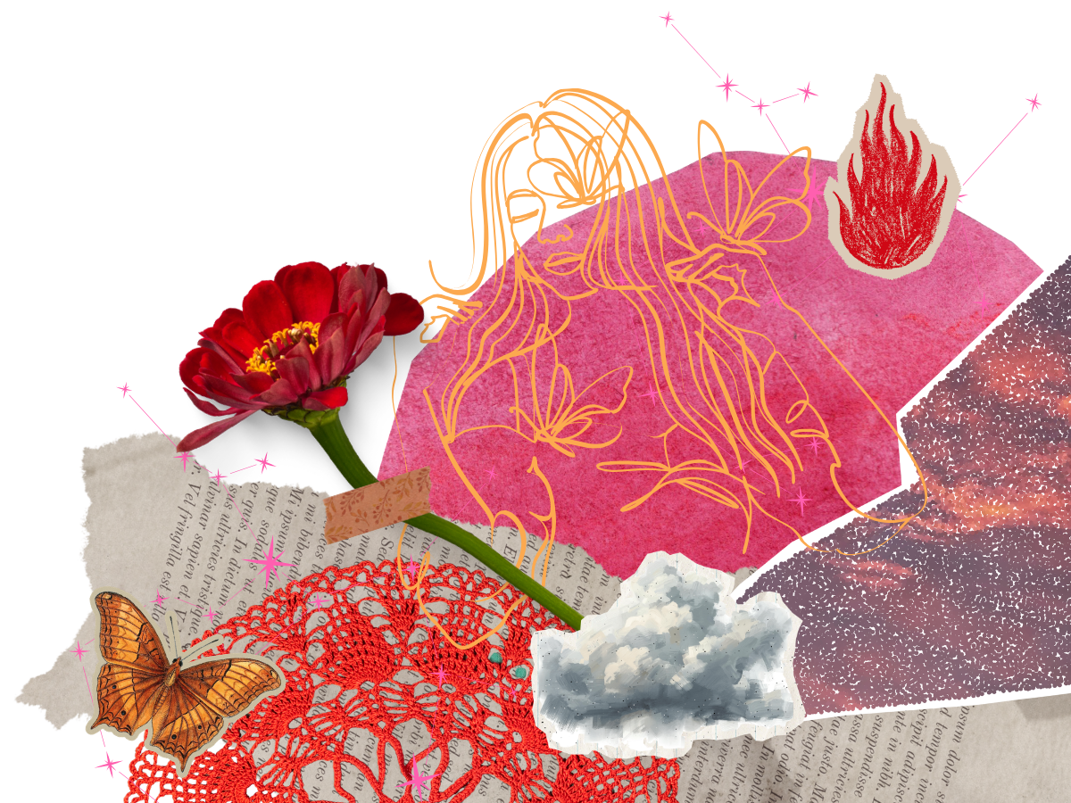 Collage of paper elements, flowers, butterflies, and yellow doodles.