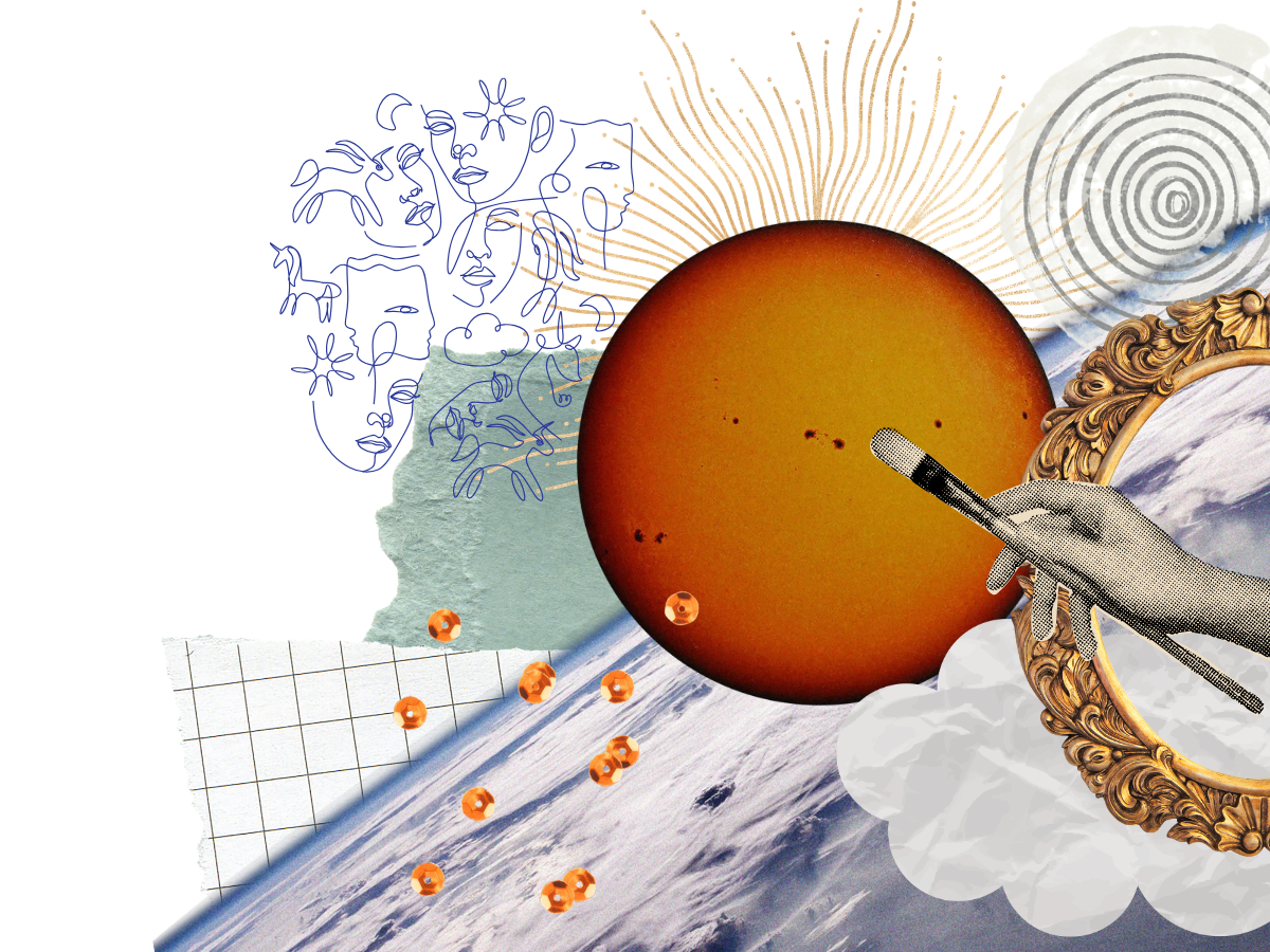 Collage with paper elements, a golden frame, planets, and doodles