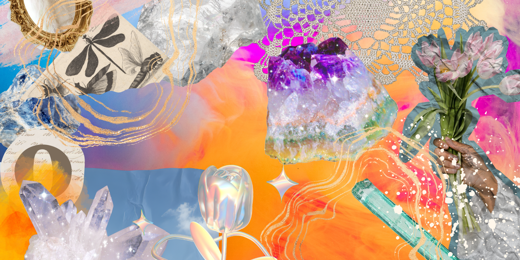 Orange and purple collage with overlapping elements