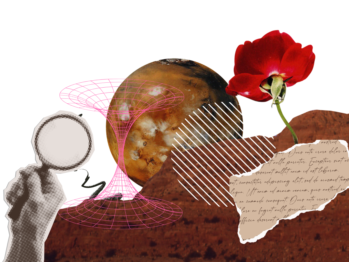 Paper collage with planets, torn paper, flowers, and drawings