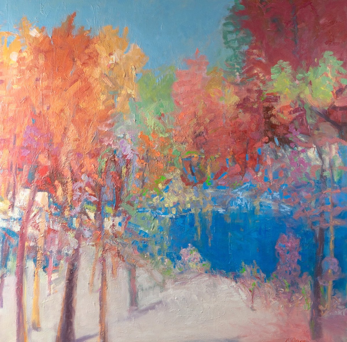 Woodland Pond, 36" X 36", oil on canvas, framed in white washed wood frame.jpg