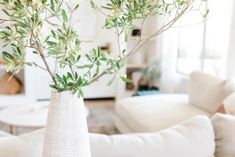Close-up of a tall, textured white vase with green leafy branches in a bright, cozy living room with white sofa and window in the background.
