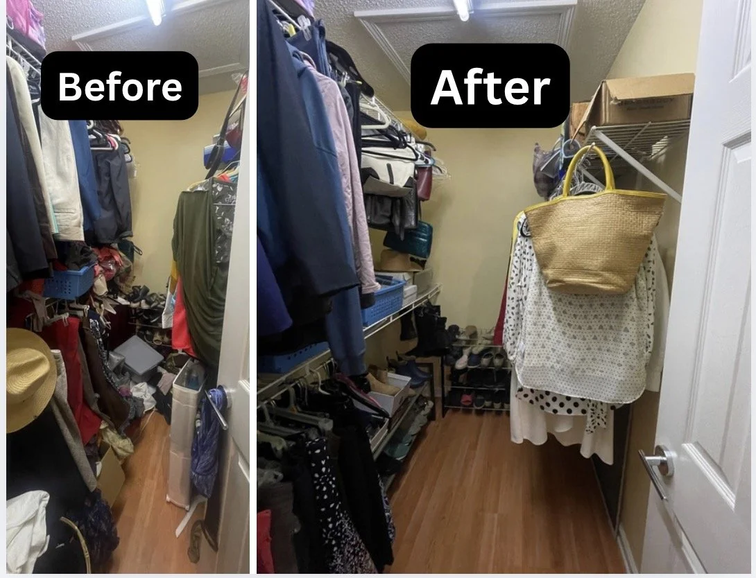 the before and after pictures of a client's closet. The Before shows her closet was full of clutter down to the floor. The after shows a tidy closet where it is easy to locate each item.